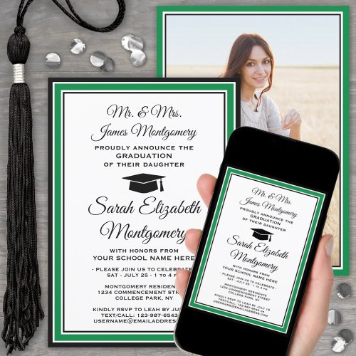 Photo  Parents Names Green Black White Graduation Invitation