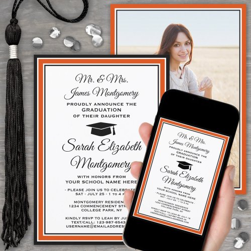 Photo  Parents Names Orange and Black Graduation Invitation