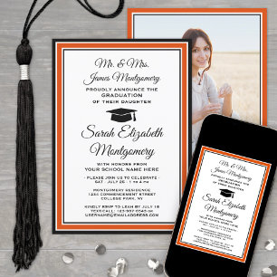 Photo & Parents Names Orange and Black Graduation Invitation