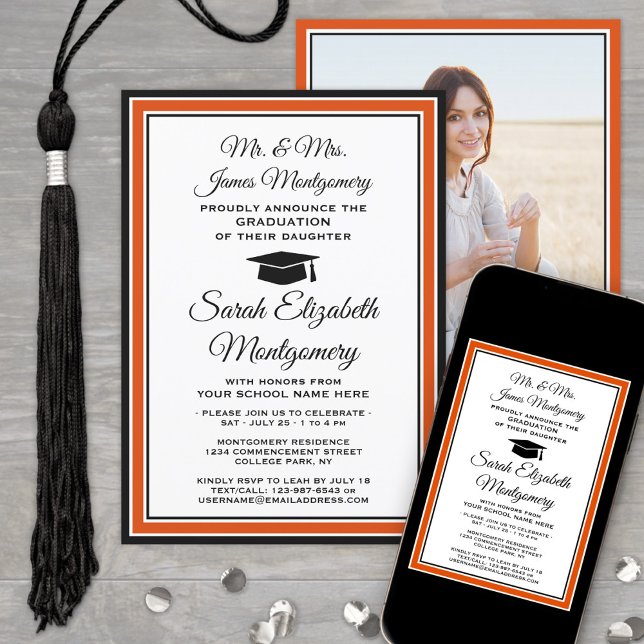 Photo & Parents Names Orange and Black Graduation Invitation (Creator Uploaded)