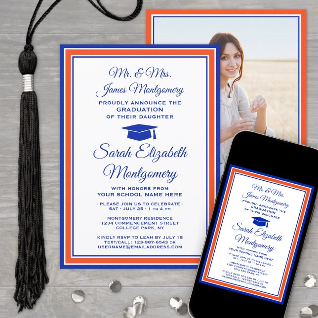 Photo & Parents Names Orange Blue Graduation Party Invitation (Creator Uploaded)