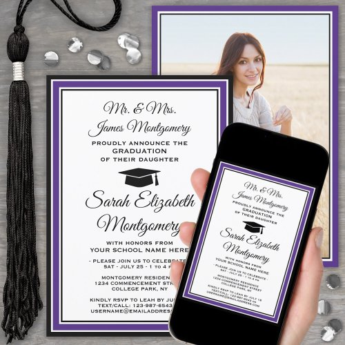 Photo  Parents Names Purple and White Graduation Invitation