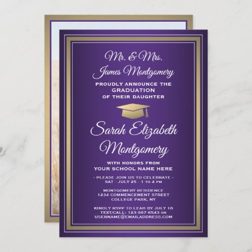 Photo  Parents Names Purple Gold Graduation Party Invitation