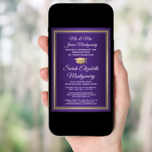 Photo & Parents Names Purple Gold Graduation Party Invitation (Front Digital)