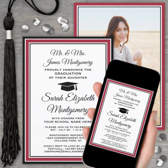 Photo & Parents Names Red Black & White Graduation Invitation 