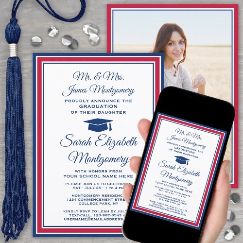 Photo  Parents Names Red White  Blue Graduation Invitation
