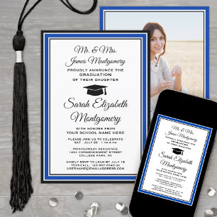 Photo & Parents Names Royal Blue White Graduation Invitation