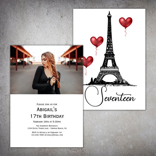 Photo Paris Eiffel Tower Red Balloons Birthday Invitation