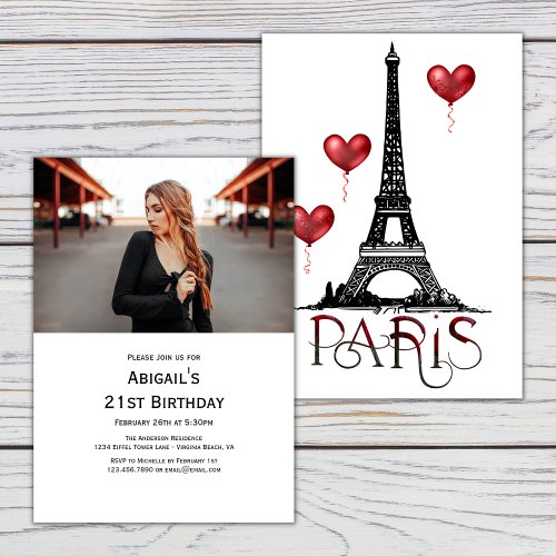 Photo Paris Eiffel Tower Red Balloons Birthday Invitation