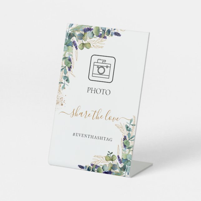 Photo party hashtag eucalyptus greenery pedestal sign (Front)