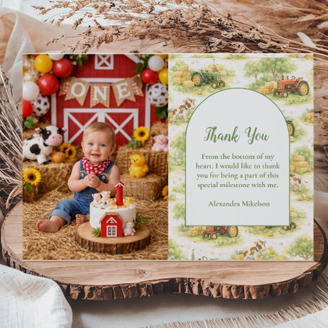 Photo Pastel Farm Tractor Barnyard 1st Birthday Thank You Card (Creator Uploaded)