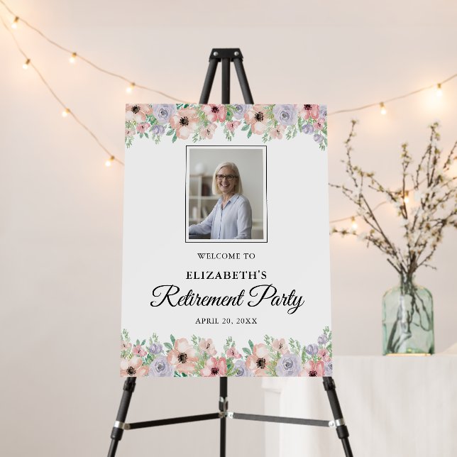 Photo Pastel Flowers Retirement Party Welcome Foam Board (In Situ (Stand))