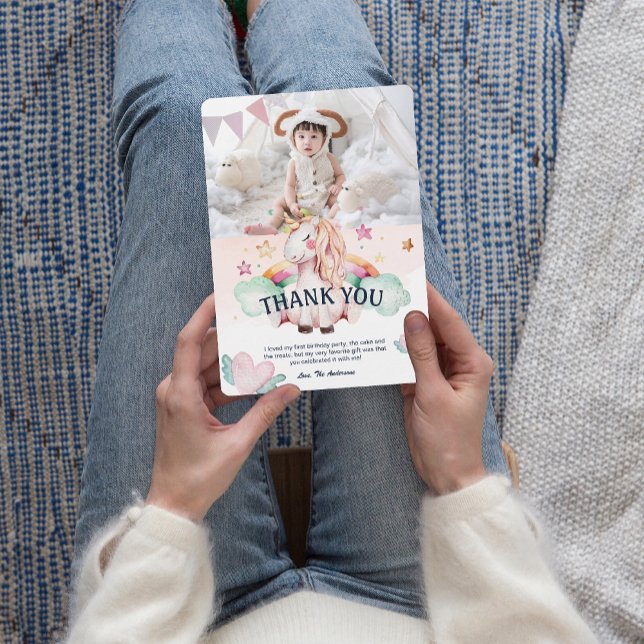 Photo Pastel Unicorn Kids Birthday ThankYou Card (Pastel Unicorn Kids Birthday ThankYou Card)