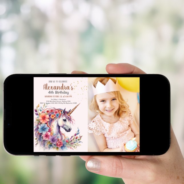 Photo Pastel Unicorn Rainbow Birthday Party Invitation (Front Digital)