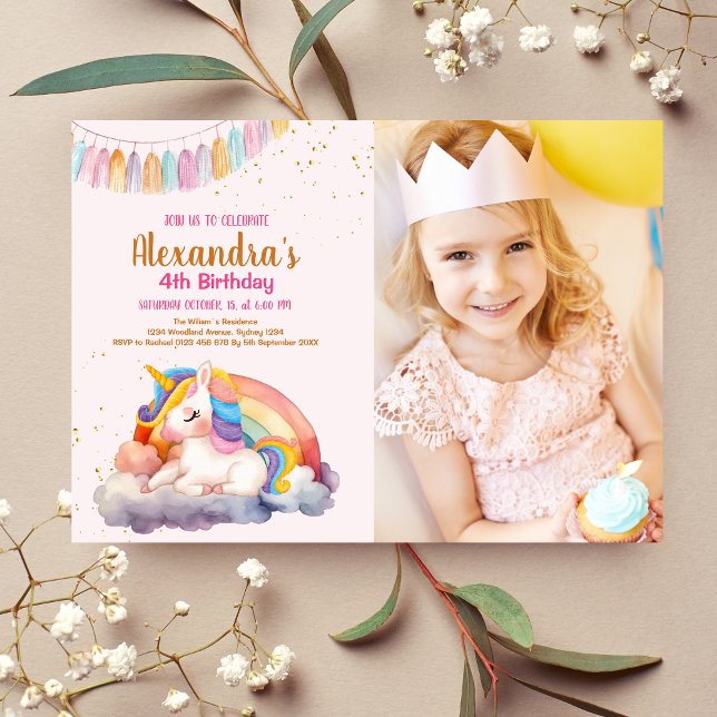 Photo Pastel Unicorn Rainbow Birthday Party Invitation (Creator Uploaded)