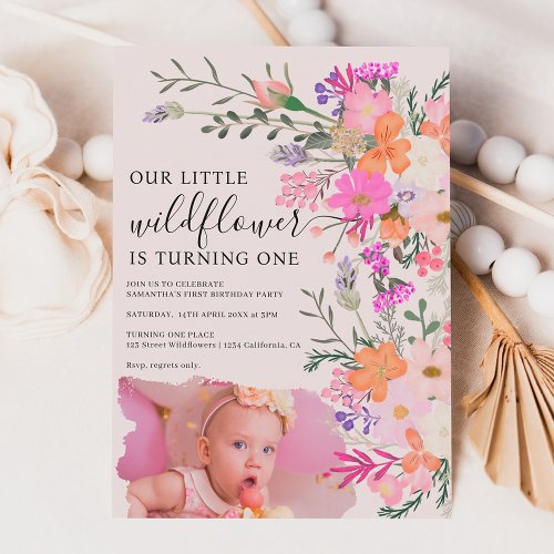 Photo pastel wildflower spring 1st birthday invitation