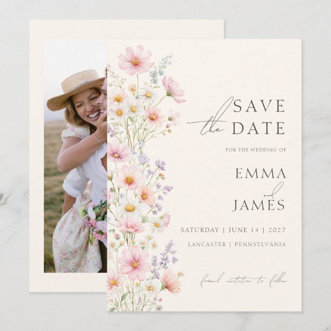 Photo Pastel Wildflowers Wedding Save the Date  Invitation (Front/Back)