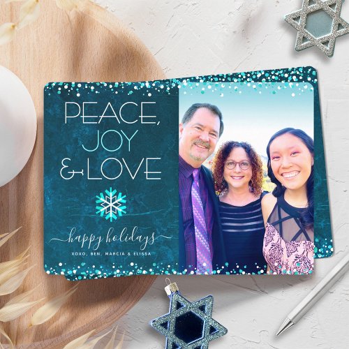 Photo Peace Joy Love Script Snowflake Modern Blue  Holiday Card
