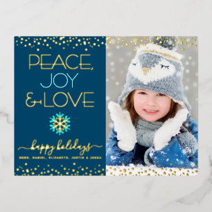 Photo Peace Joy Love Snowflake Navy Blue Real Gold Foil Holiday Postcard