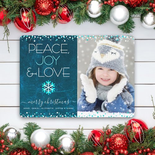 Photo Peace Joy Love Snowflake Teal Blue Christmas Holiday Card