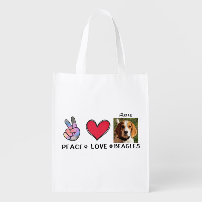 Photo Peace Love Beagles Dog Lovers Grocery Bag (Front)