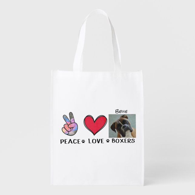 Photo Peace Love Boxers Dog Lovers Grocery Bag (Front)