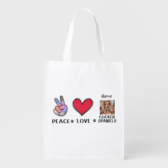 Photo Peace Love Cocker Spaniels Dog Lovers Grocery Bag (Front)