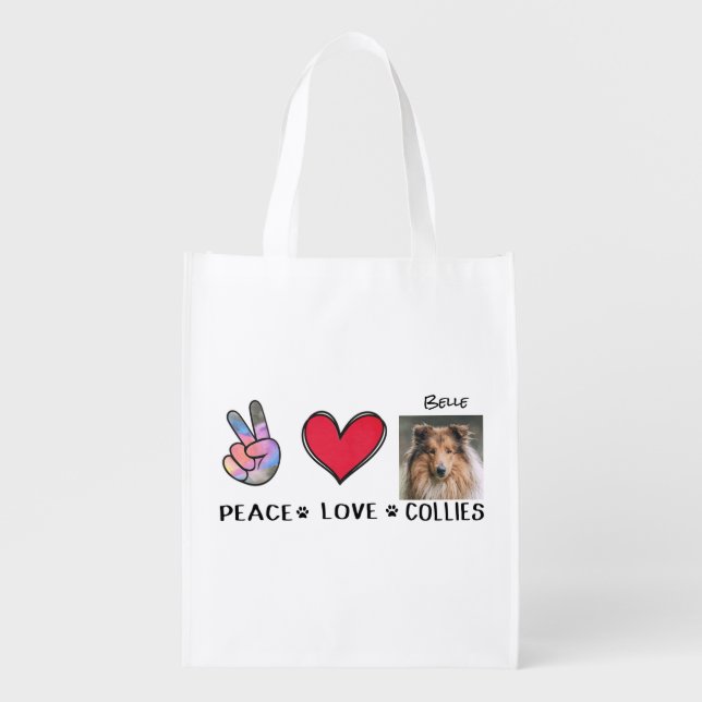 Photo Peace Love Collies Dog Lovers Grocery Bag (Front)