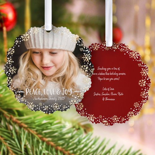 Photo Peace Love Joy Gold Snowflake Chic Christmas Ornament Card