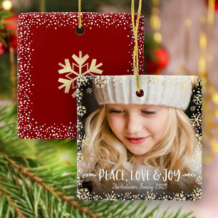 Photo Peace Love Joy Gold Snowflake Christmas Chic Ceramic Ornament
