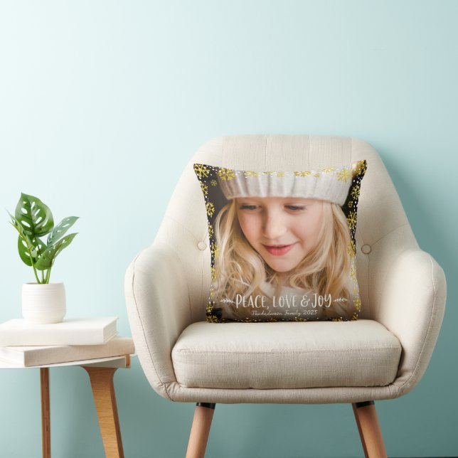 Photo Peace Love Joy Gold Snowflake Custom Holiday Throw Pillow (Chair)