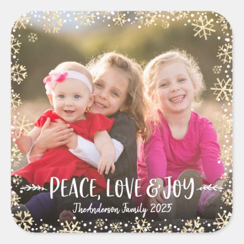 Photo Peace Love Joy Gold Snowflake Elegant Custom Square Sticker