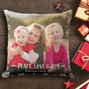 Photo Peace Love Joy Gold Snowflake Elegant Script Throw Pillow