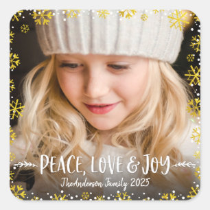 Photo Peace Love Joy Gold Snowflake Holiday Custom Square Sticker