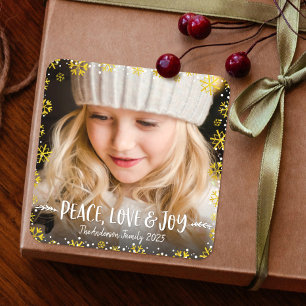 Photo Peace Love Joy Gold Snowflake Holiday Custom Square Sticker