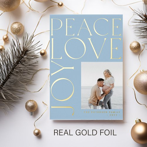 Photo Peace Love Joy gold typography Christmas Foil Holiday Card