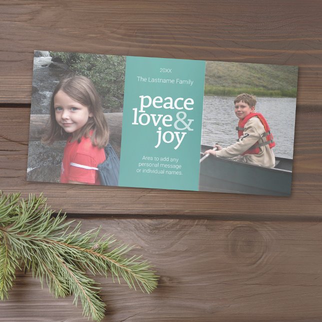Photo - Peace Love & Joy - Pastel Teal Aqua Holiday Card (Add 2 photos to this classic photo card that can be printed or sent out to friends and family.)