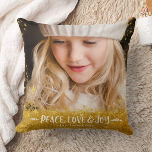 Photo Peace Love Joy Quote Gold Stars Holiday Name Throw Pillow