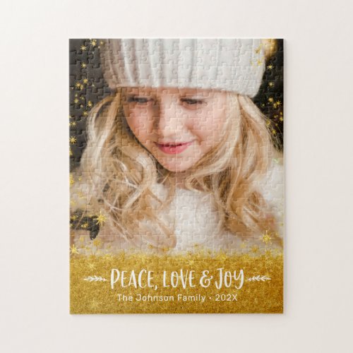 Photo Peace Love Joy Typography Gold Stars Glitter Jigsaw Puzzle