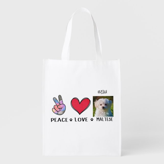 Photo Peace Love Maltese Dog Lovers Grocery Bag (Front)