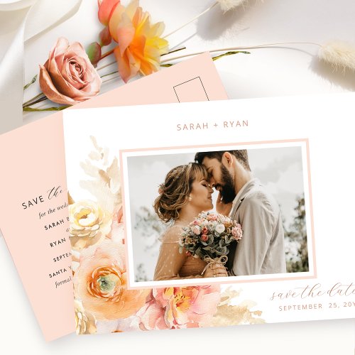 Photo Peach and Blush Pink Wedding Save the Date Announcement Postcard
