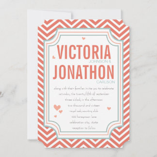 Photo Peach and Mint Zig Zag Typography Wedding Invitation