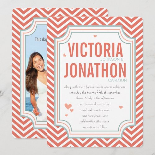 Photo Peach and Mint Zig Zag Typography Wedding Custom Invite