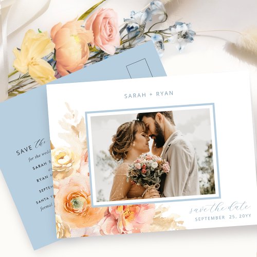 Photo Peach Blush and Blue Wedding Save the Date Announcement Postcard