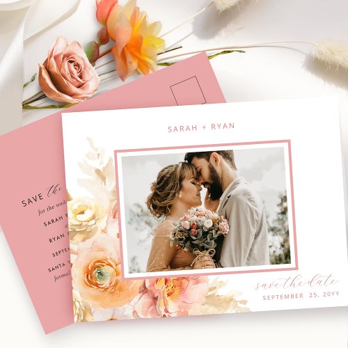 Photo Peach Blush and Coral Wedding Save the Date Announcement Postcard