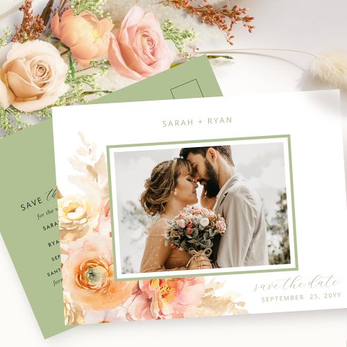 Photo Peach Blush and Green Wedding Save the Date Announcement Postcard