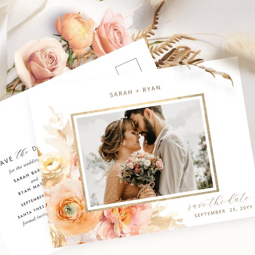 Photo Peach Blush Cream Gold Wedding Save the Date Announcement Postcard