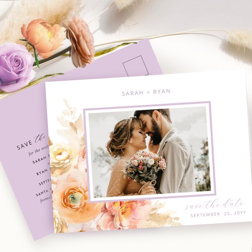 Photo Peach Blush Lavender Wedding Save the Date Announcement Postcard