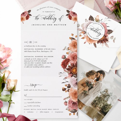 Photo Peach Burgundy Blush Wedding Tear Off RSVP All In One Invitation