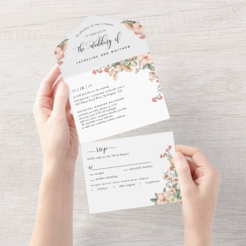 Photo Peach Coral Botanical Wedding Tear Off RSVP All In One Invitation